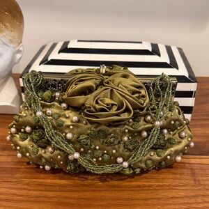 Elegant Olive Green Clutch Hand Held bag with Beaded Details